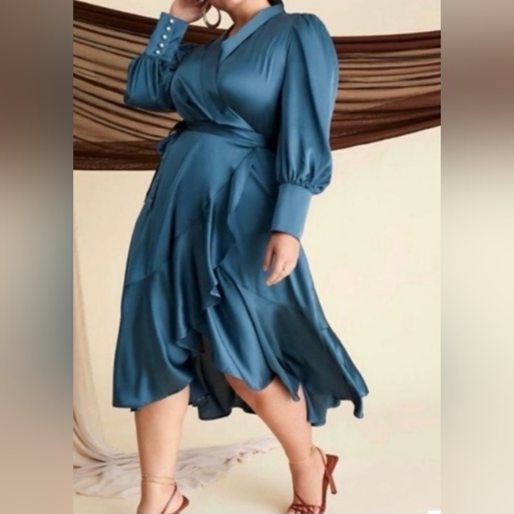 Eloquii Rust Long Sleeve Ruffle Wrap Dress